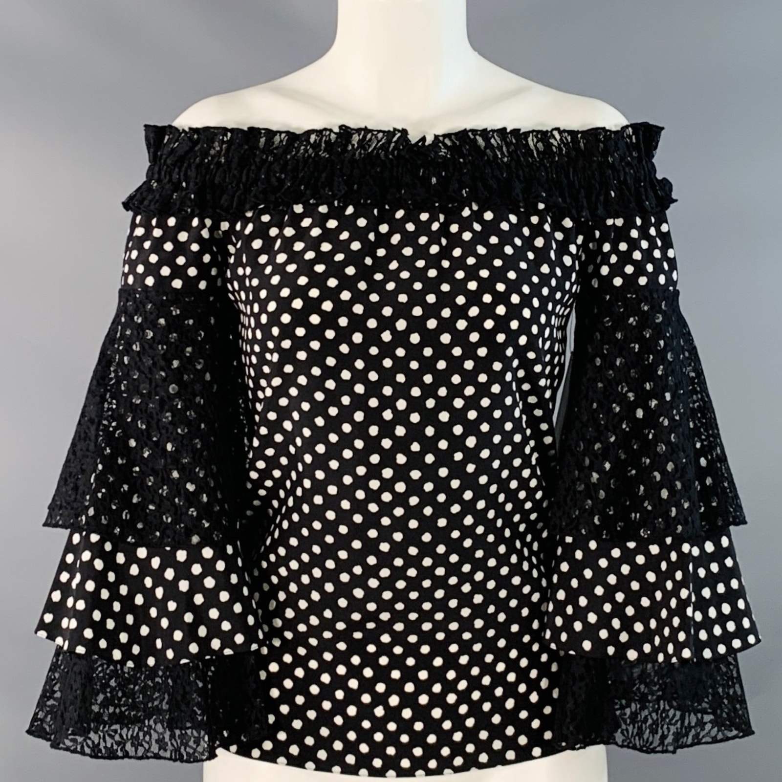 Michael Kors Xs Black White Silk Polka Dot Layered Sleeves Off-Shoulder Blouse